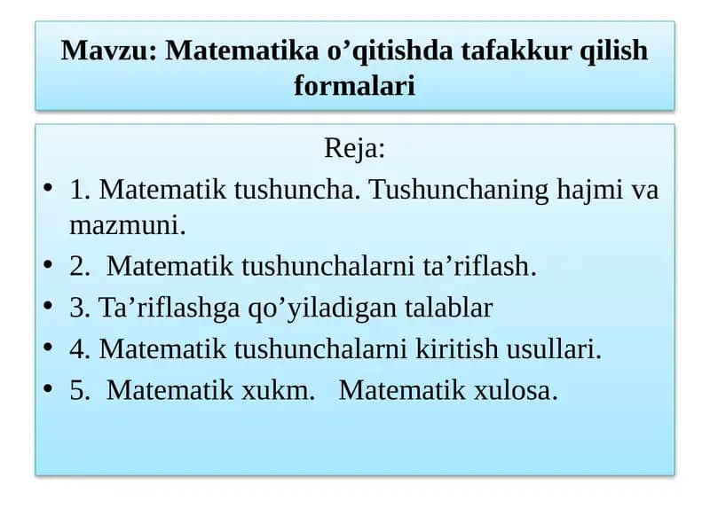 Matematik o'qitishda fakkur qilish formalari