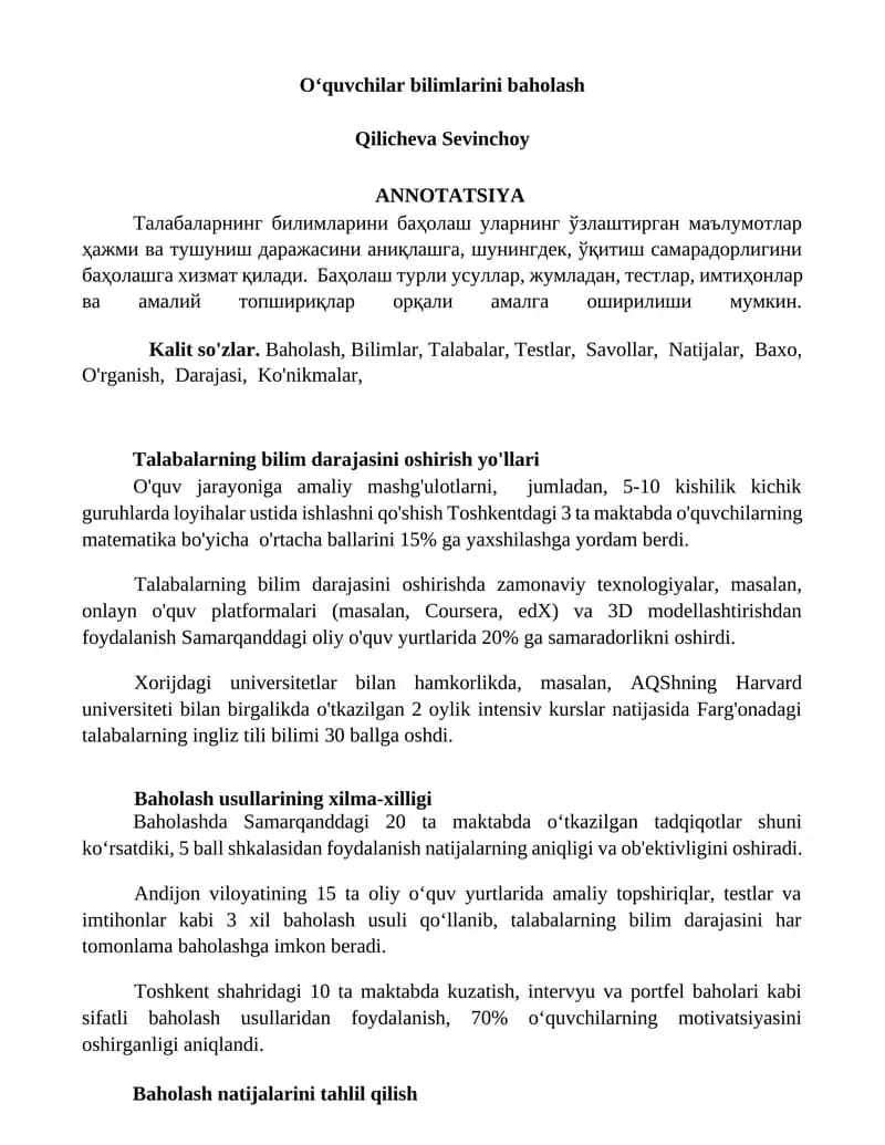 O‘quvchilar bilimlarini baholash