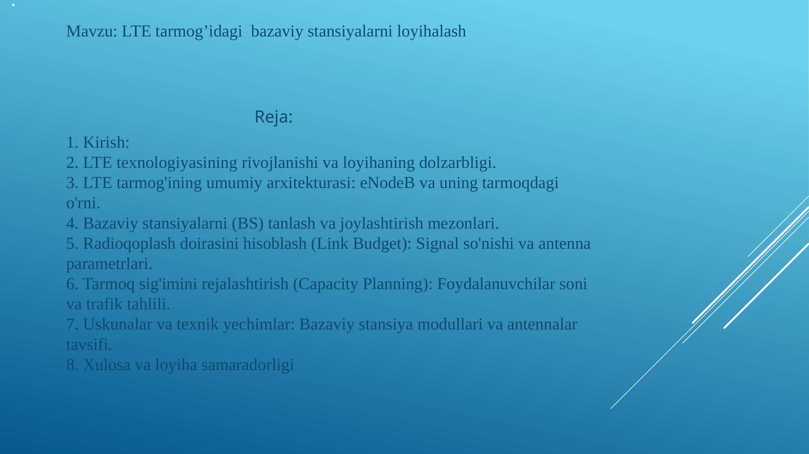 LTE tarmog'idagi bazaviy stansiyalarni loyihalash