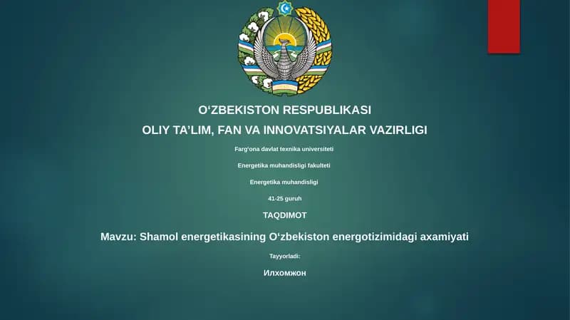 Shamol energetikasining Oʻzbekiston energotizimidagi axamiyati