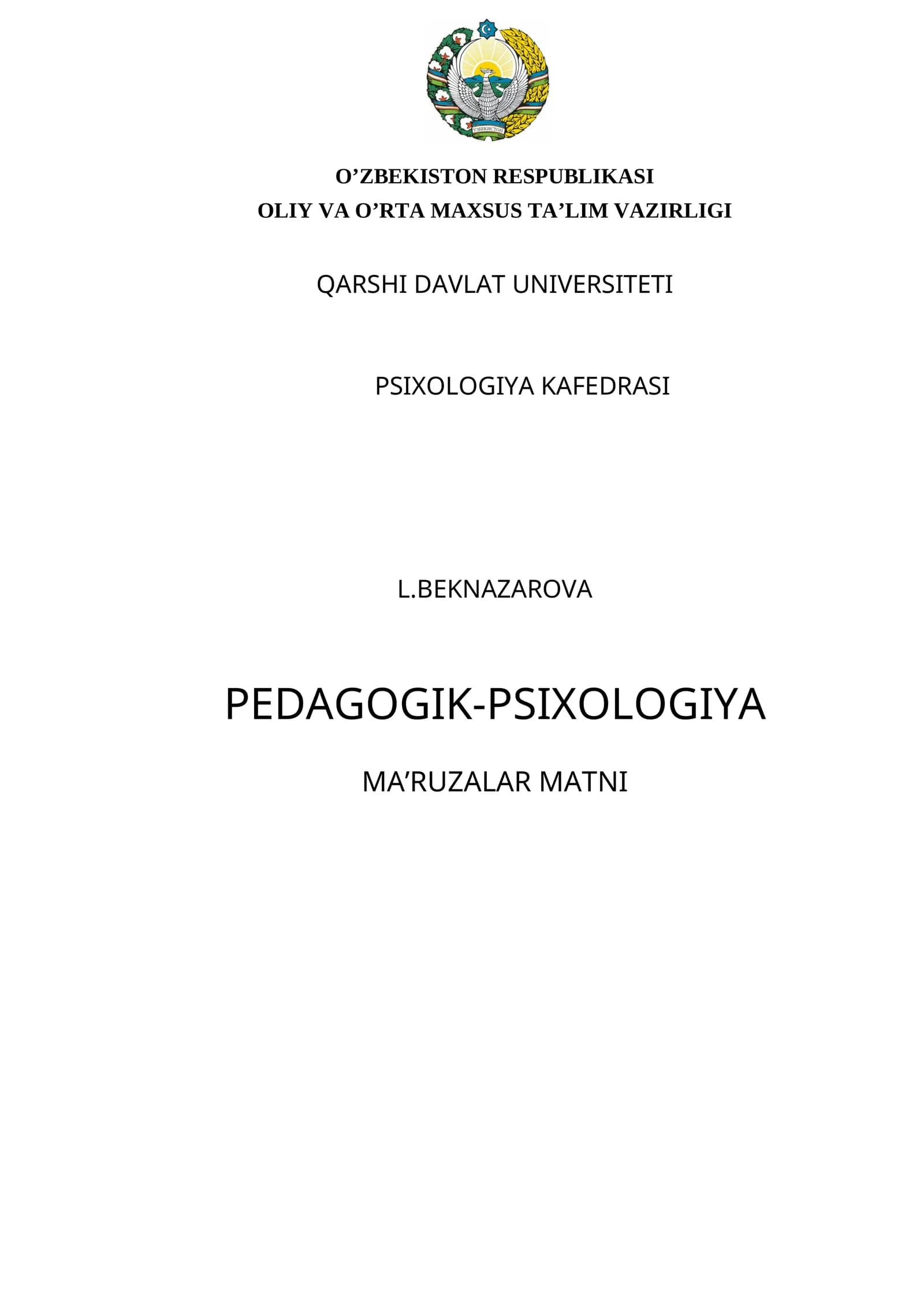 PEDAGOGIK-PSIXOLOGIYA MA’RUZALAR MATNI