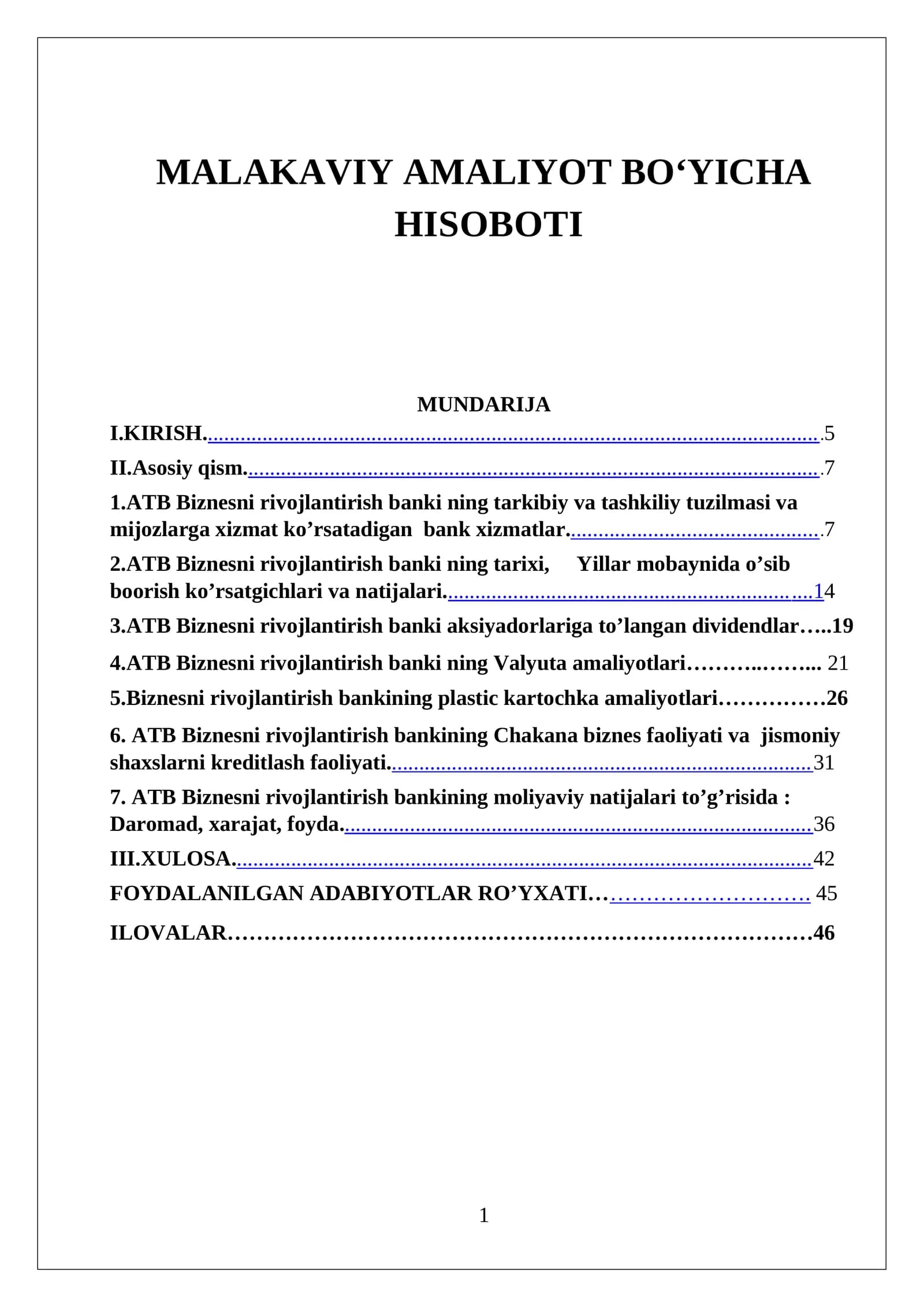Malakaviy Amaliyot Bo‘yicha Hisoboti