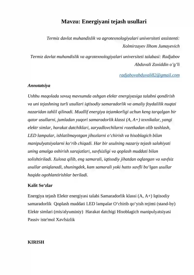 Energiyani tejash usullari