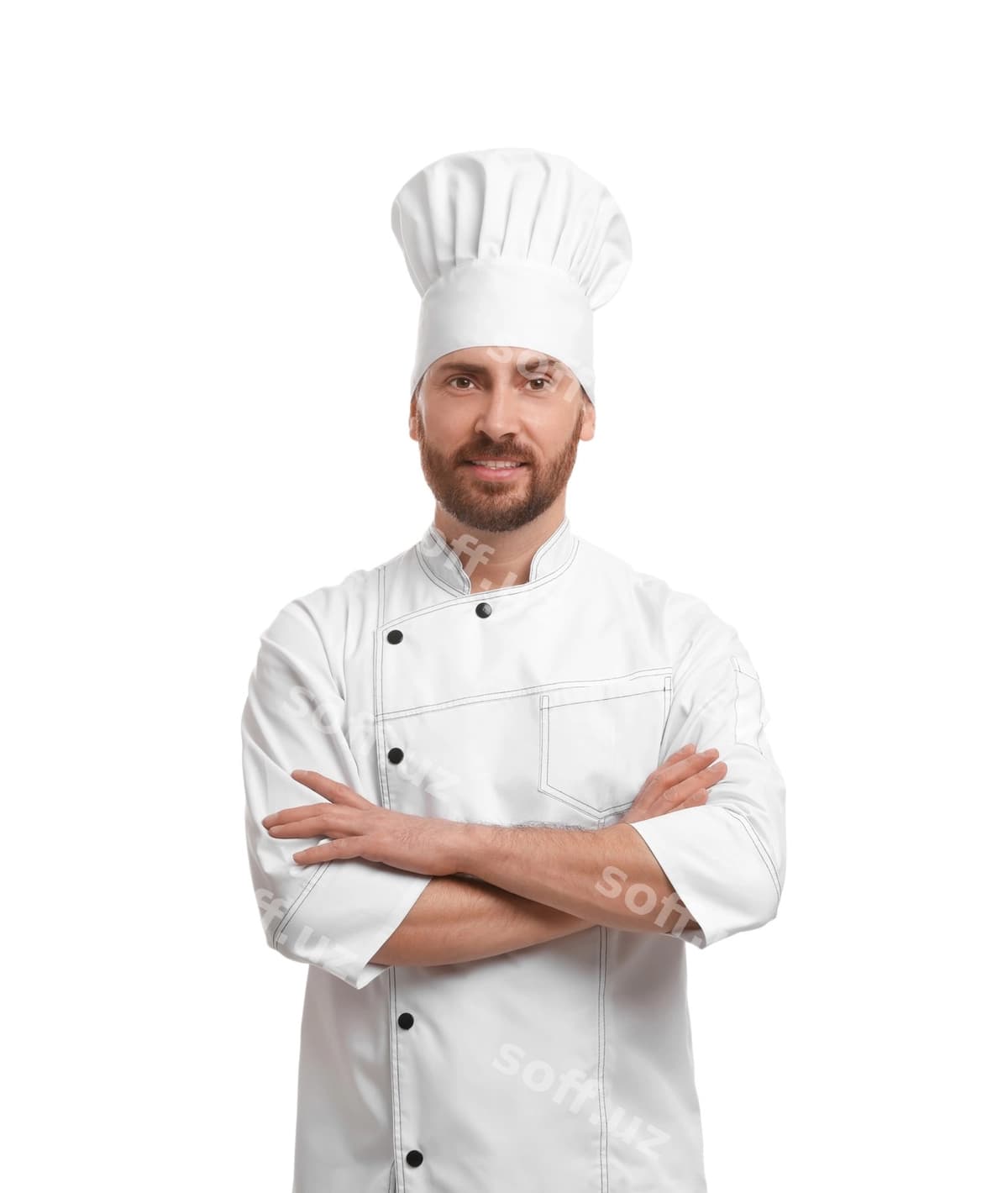 Erkak oshpaz katta yoshli gulman oq fonda | Smiling mature male chef white background