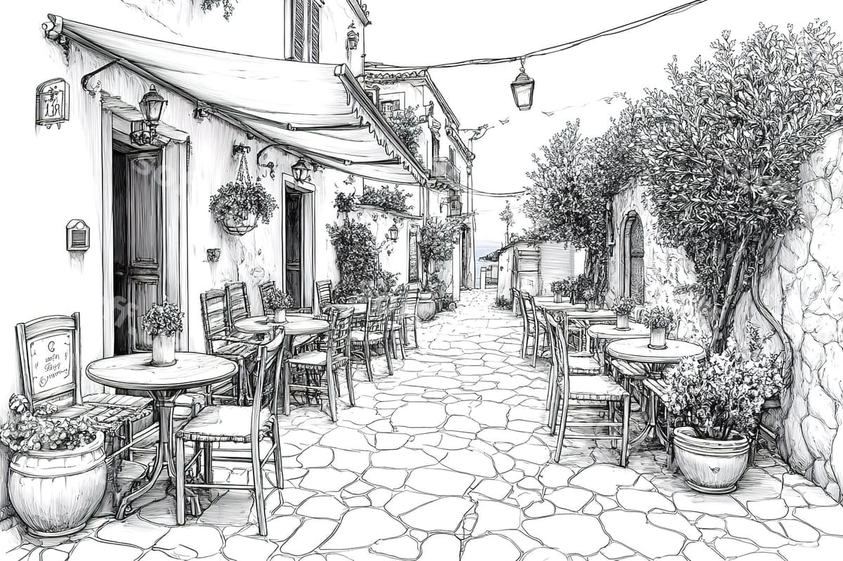 Ko'cha sahna kafe g'alablari bilan | Street scene with cafe awnings