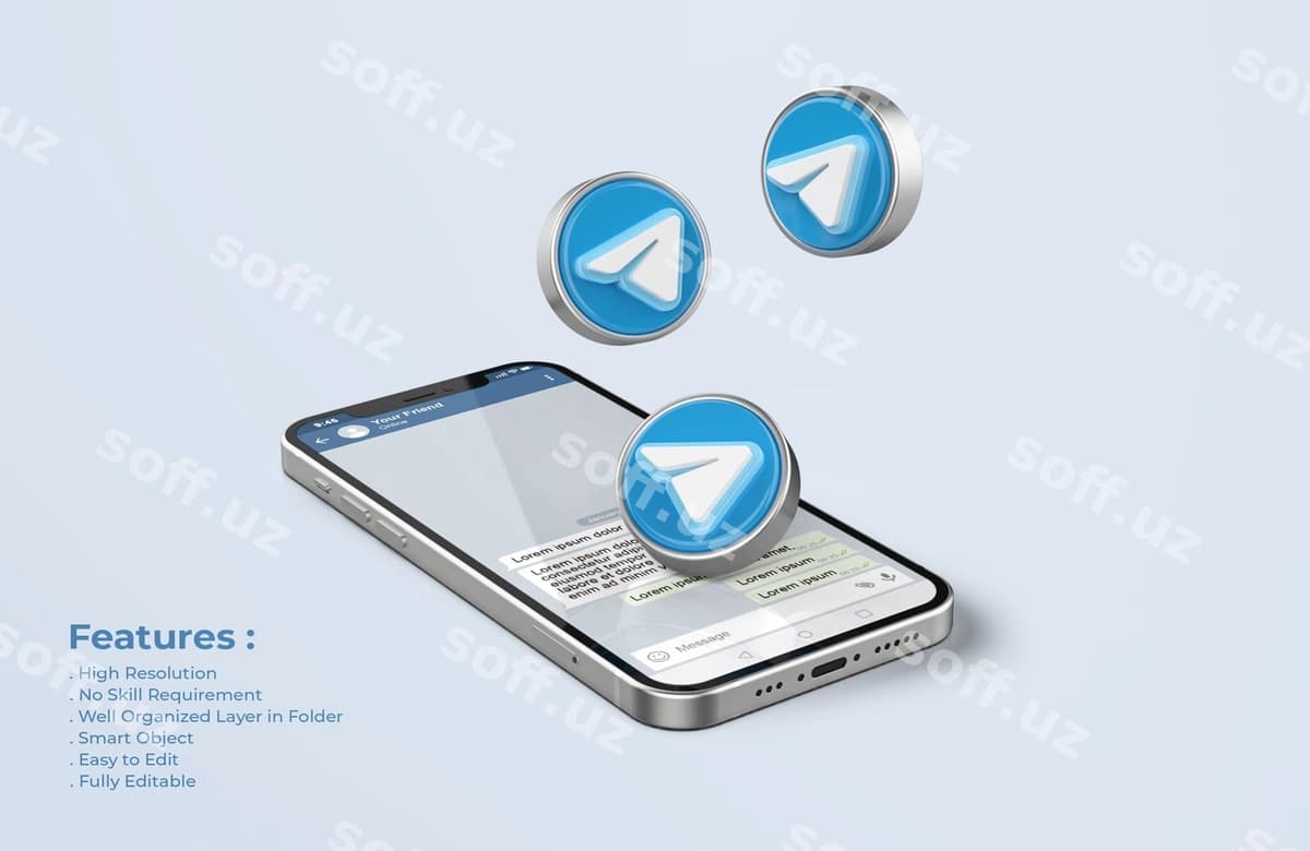 Telegram kumush mobil telefon namunasi | Telegram silver mobile phone mockup