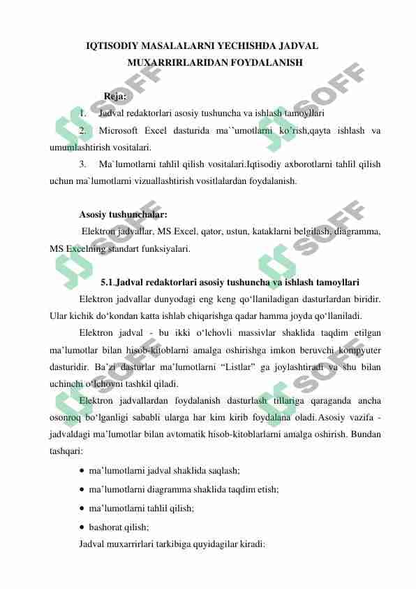 Iqtisodiy masalalarni yechishda jadval muxarrirlaridan foydalanish