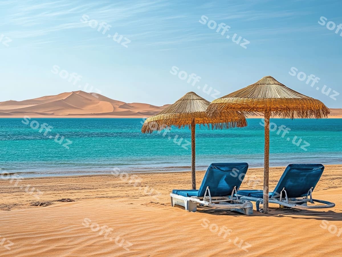 Ikki ko'k o'rin stuli, sharaf, plyaj | Two blue lounge chairs umbrella beach