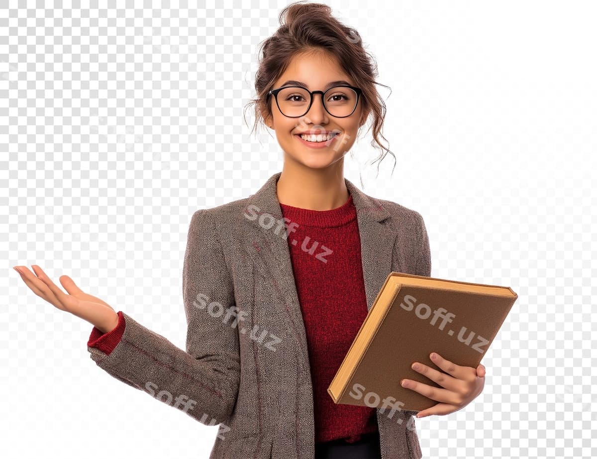 Ayol ko'z qoplari bilan kitobni har ikatta qo'l bilan tutadi. | Woman glasses holds book with both hands