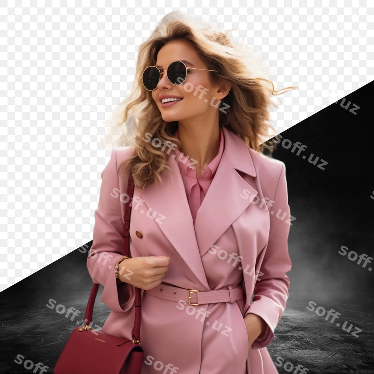 Ayol kostyum pink sumka va ko'z qoralamalari bilan | Woman pink suit with bag sunglasses