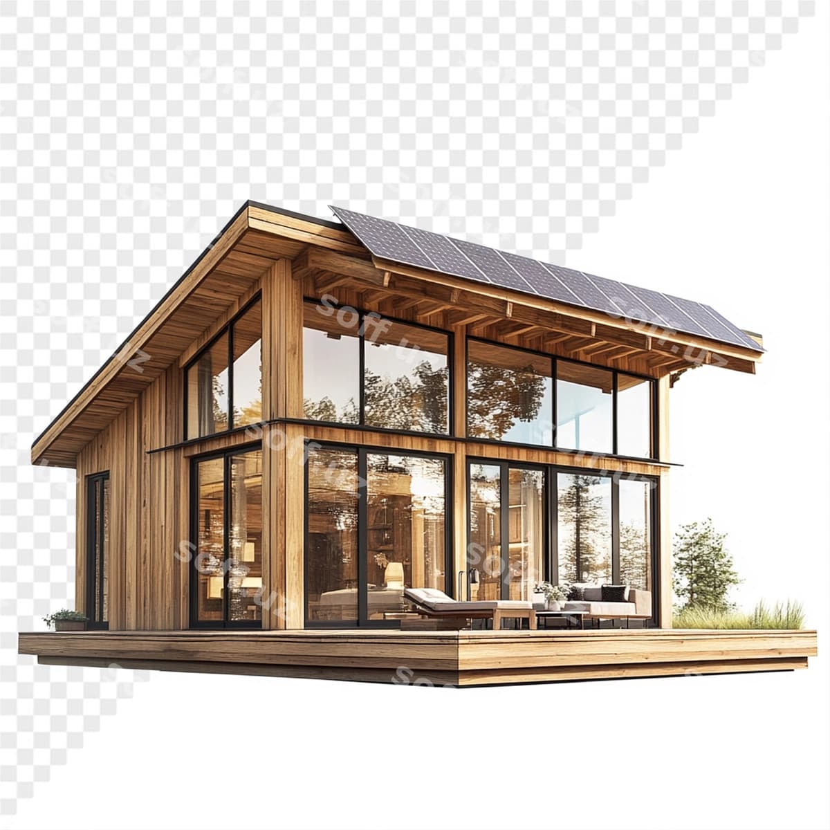 Yog'ochli uy quyosh paneli bilan qurra | Wooden house with solar panel top