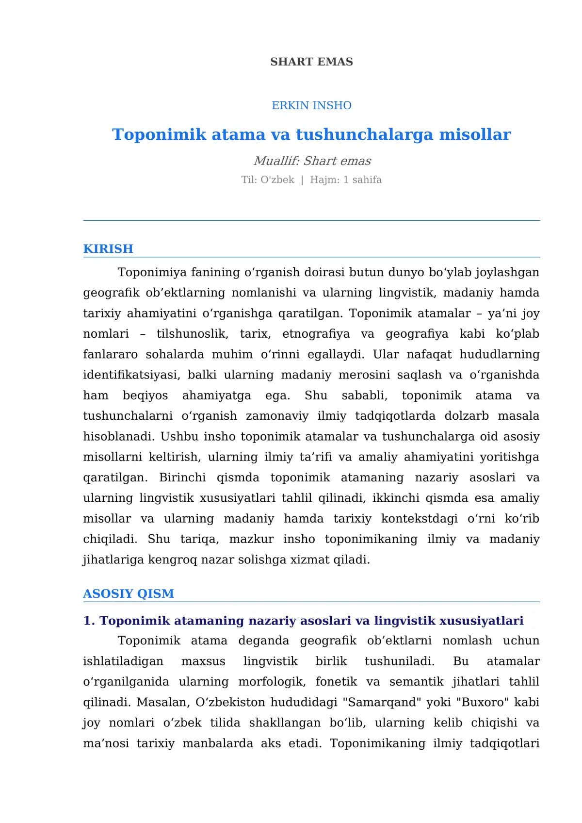 Erkin Insho: Toponimik atama va tushunchalarga misollar