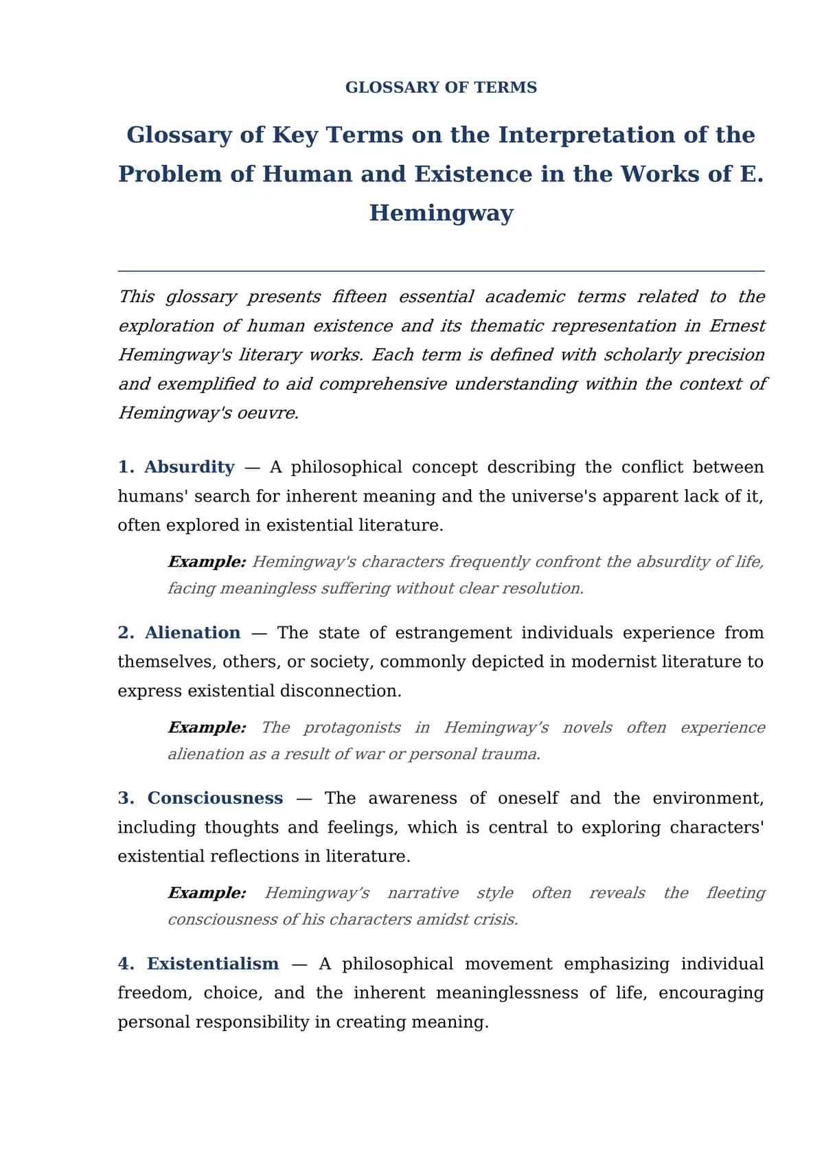 Glossary of Key Terms on the Interpretation of the Problem of Human and Existence in the Works of E. Hemingway
