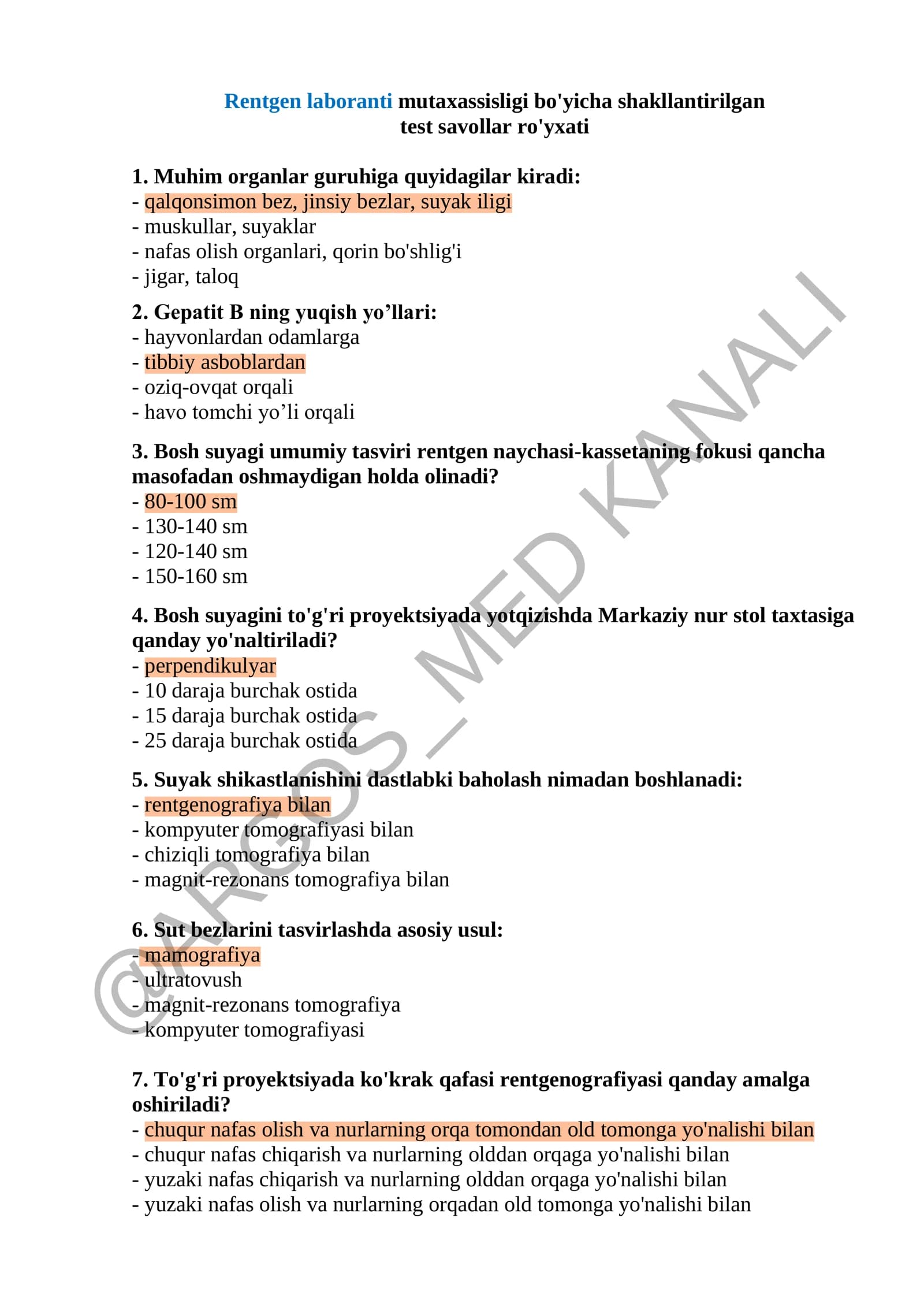 Rentgen laboranti mutaxassisligi bo'yicha argos  test javoblari bilan