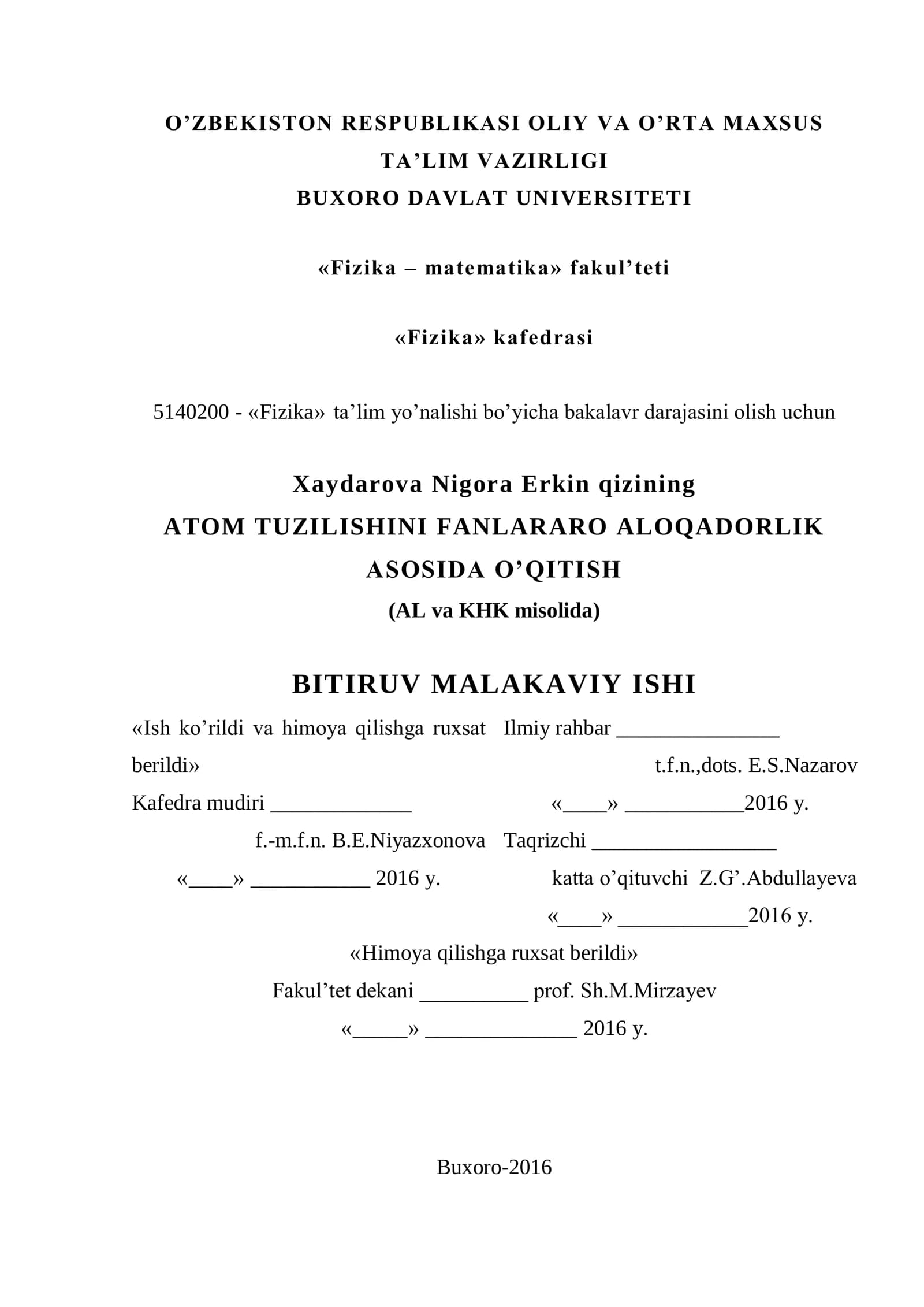Atom tuzilishini fanlararo aloqalar darajasida o'qitish