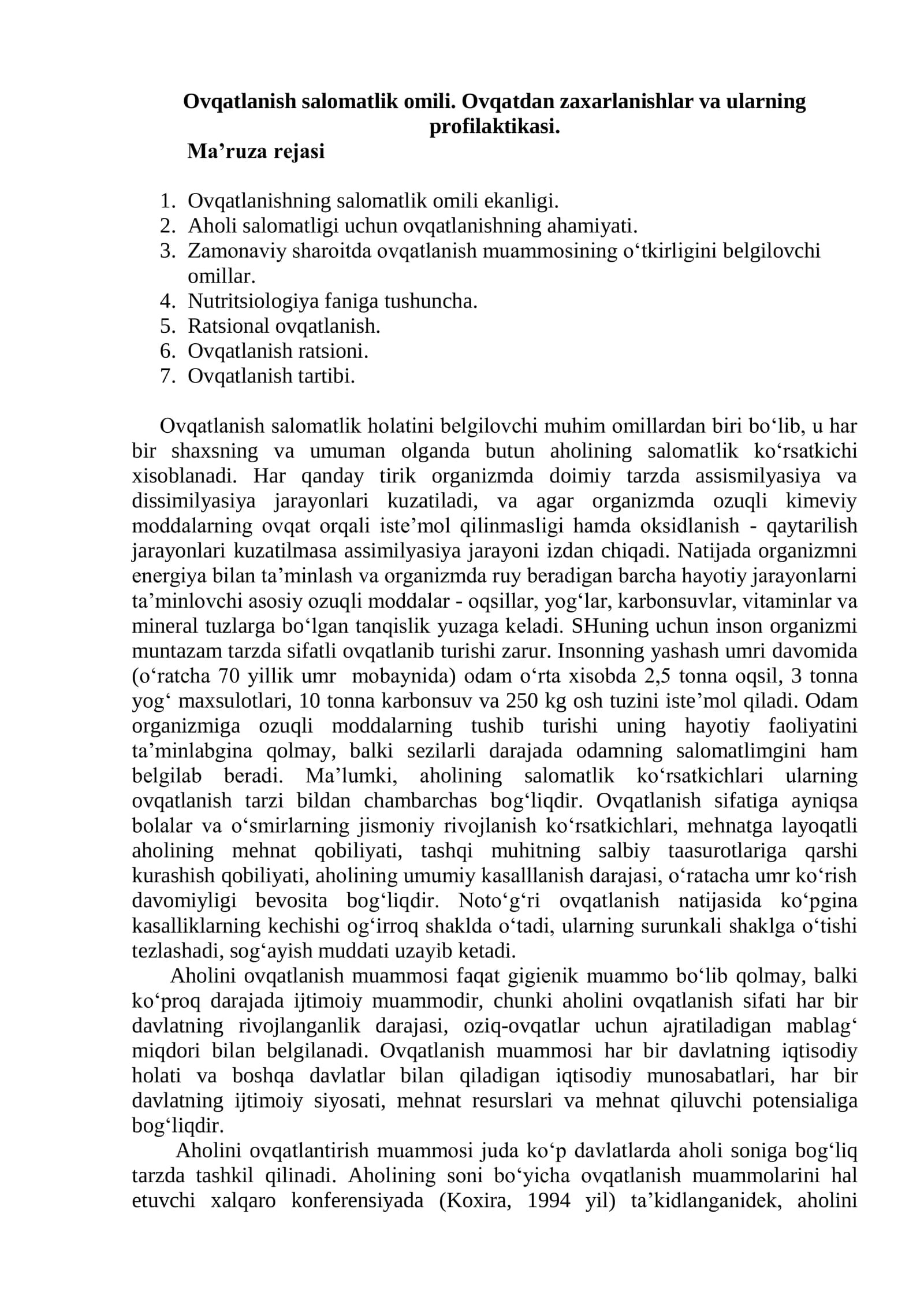 Ovqatlanish salomatlik omili