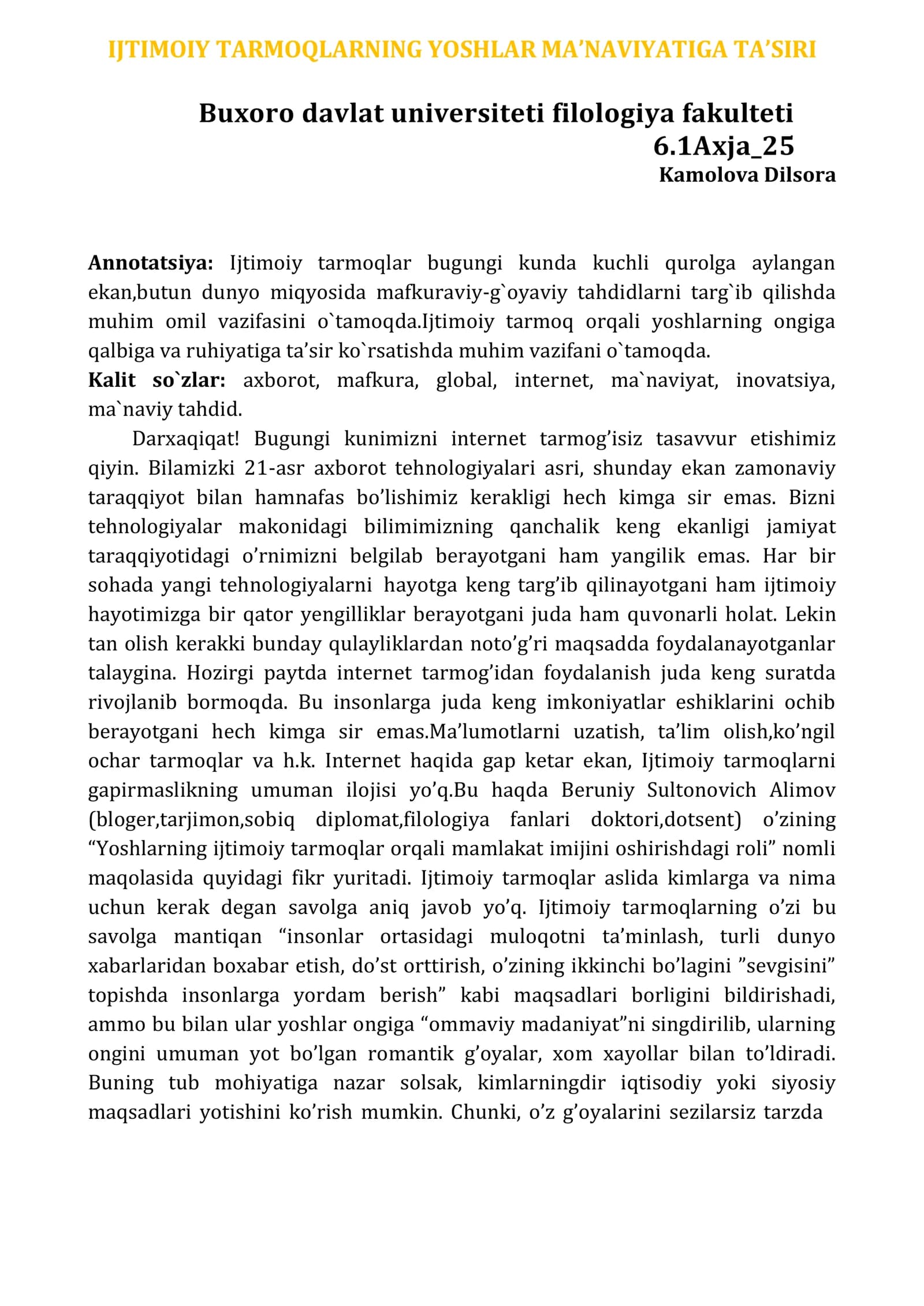 IJTIMOIY TARMOQLARNING YOSHLAR MA’NAVIYATIGA TA’SIRI