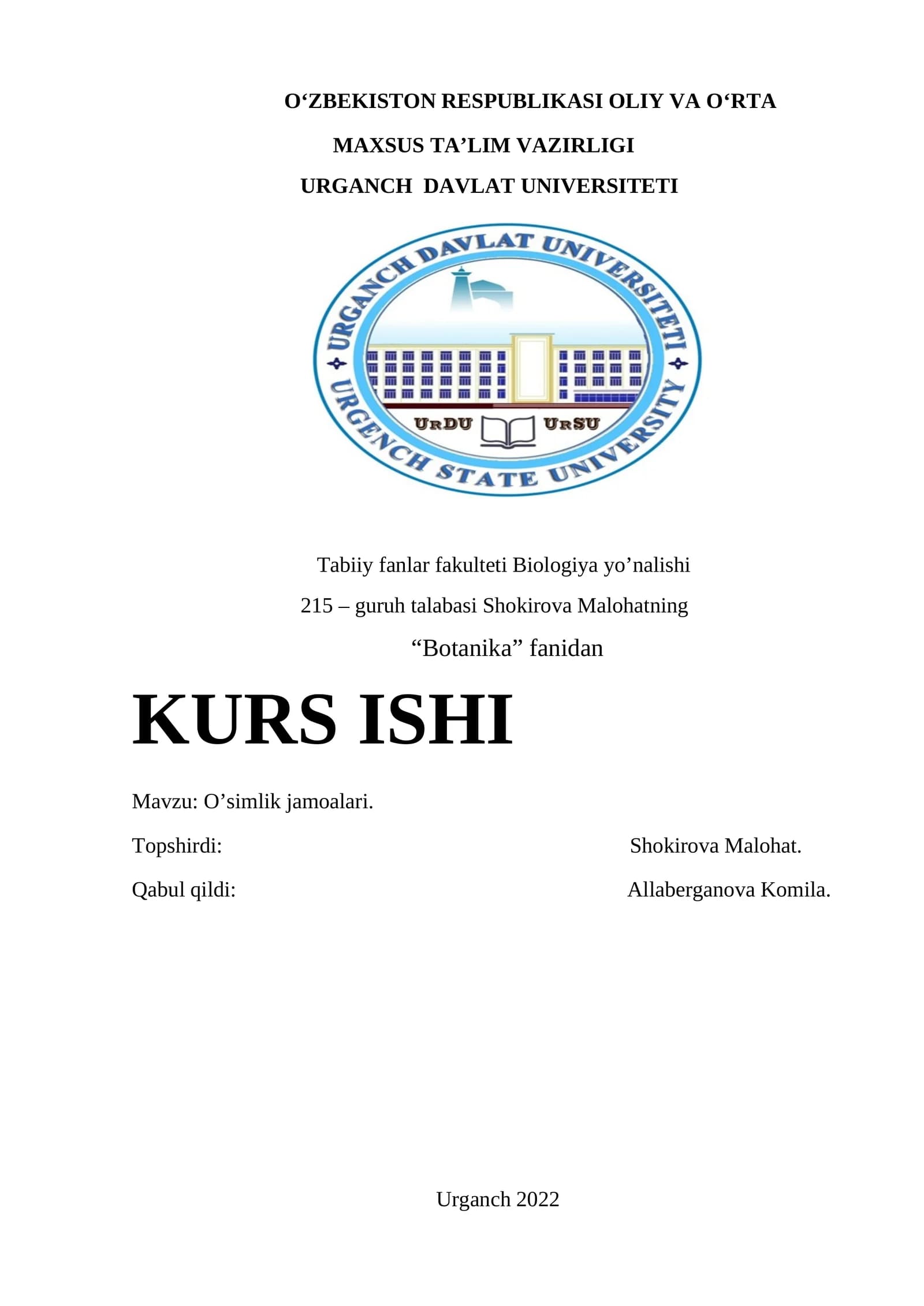 O‘simlik jamoalari Kurs ishi