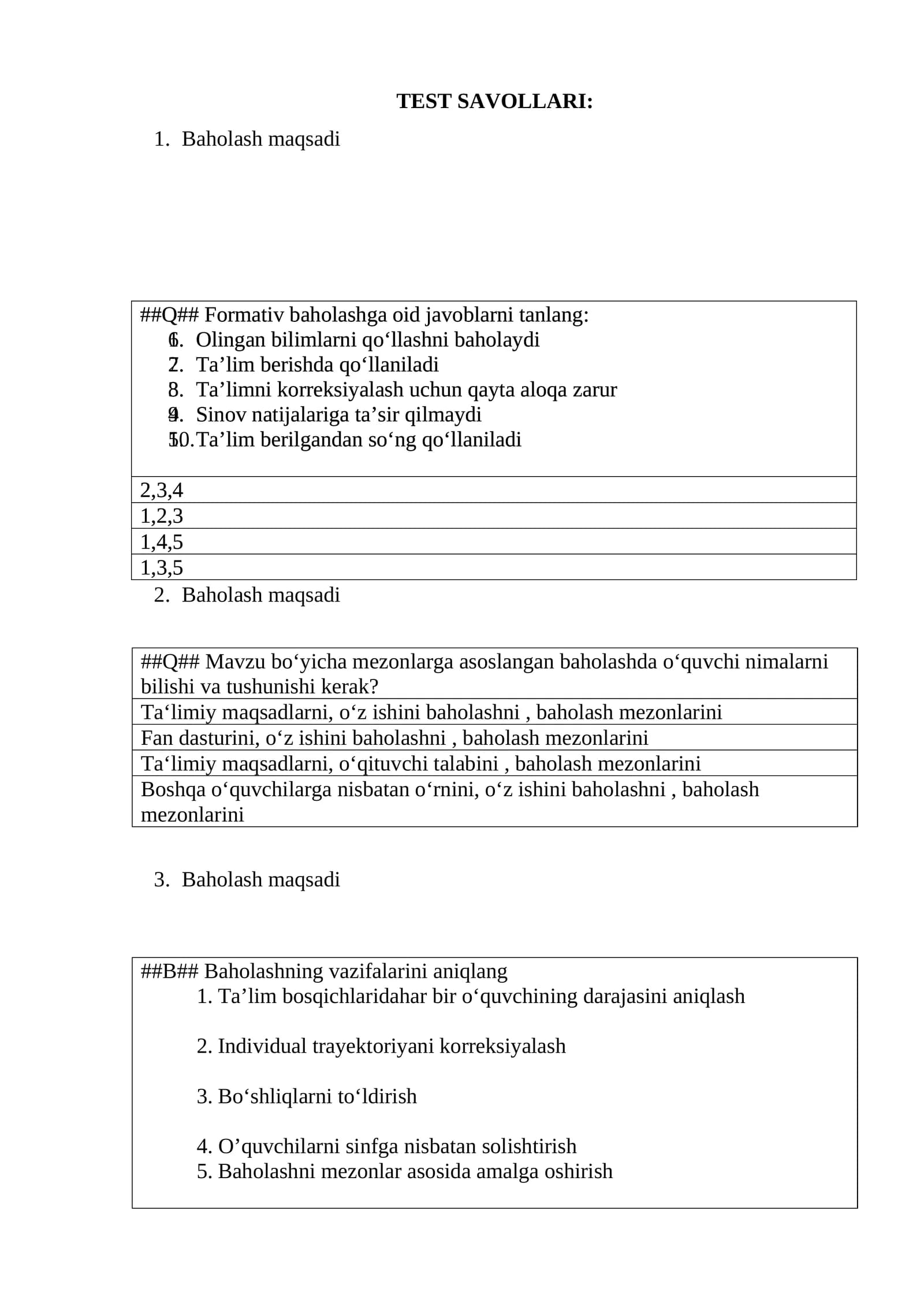 Menejerlik kursi tinglovchilari uchun yangi baholashga oid savollar