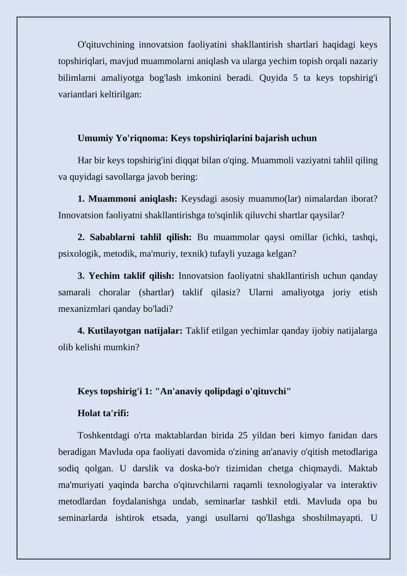 O'qituvchining innovatsion faoliyatini shakllantirish shartlari haqidagi keys topshiriqlari