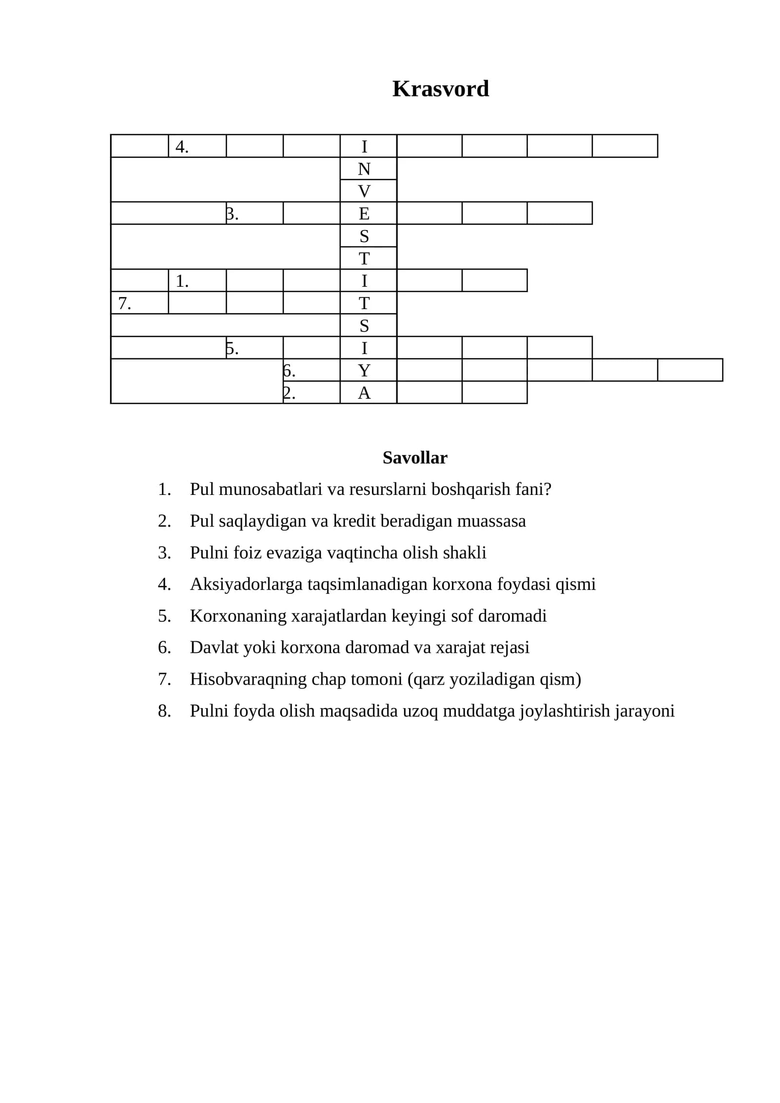 Iqtisoddan Krasvord Savollar
