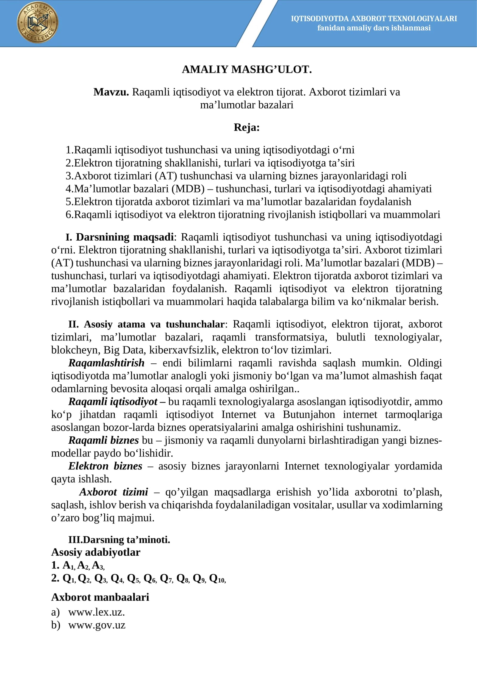 Raqamli iqtisodiyot va elektron tijorat amaliy dars ishlanmasi