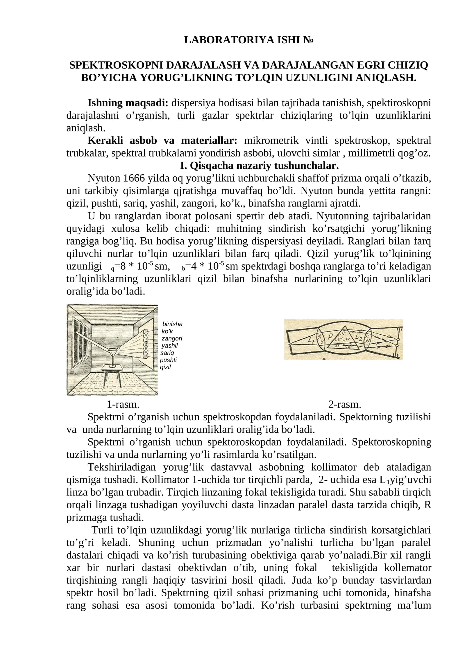spektiroskopni darajalash va yorug’likning to’lqin uzunligini o’rganish. Labaratoriya ishi