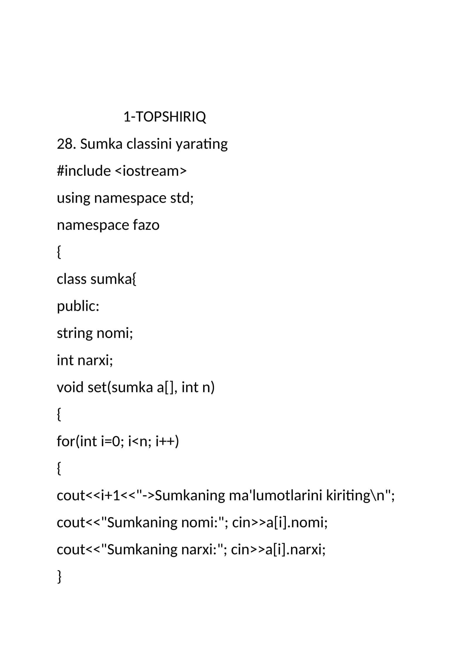 Create a class Sumka with functions to input