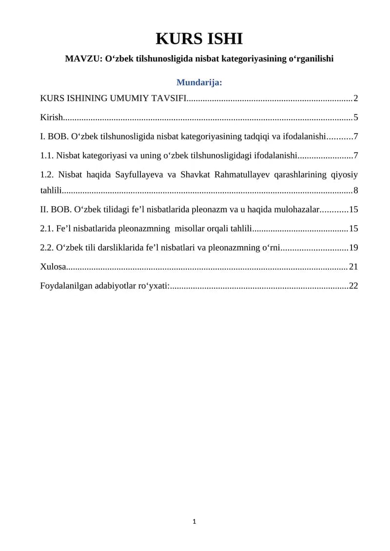 Oʻzbek tilshunosligida nisbat kategoriyasining oʻrganilishi KURS ISHI
