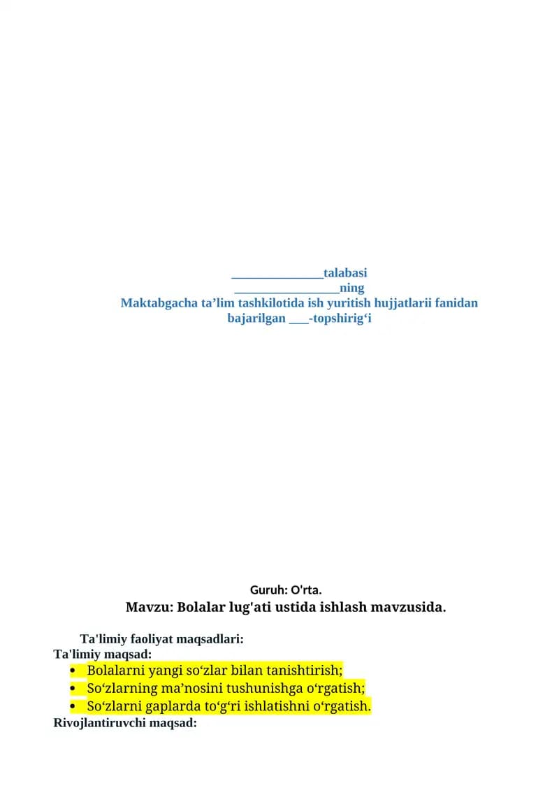 Bolalar lugʻati ustida ishlash