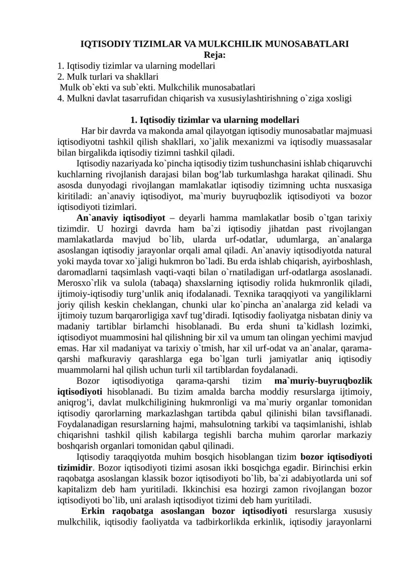 IQTISODIY TIZIMLAR VA MULKCHILIK MUNOSABATLARI