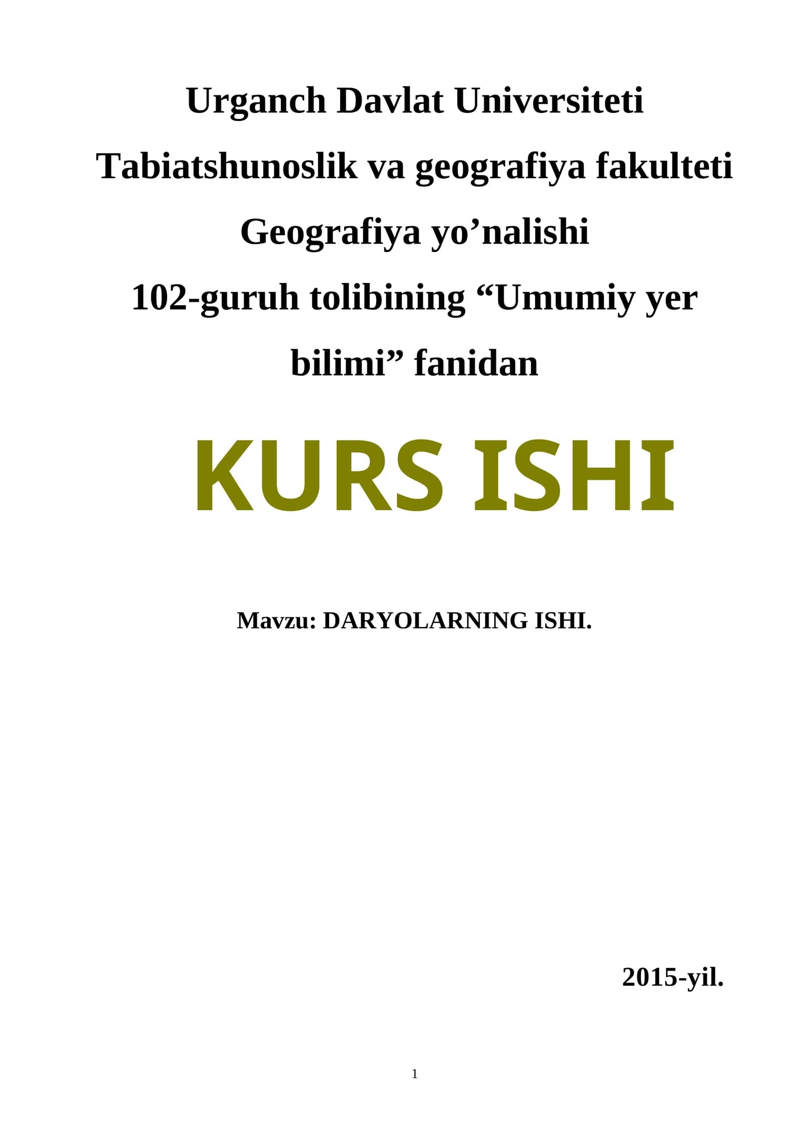 Daryolarning ishi. kurs ishi