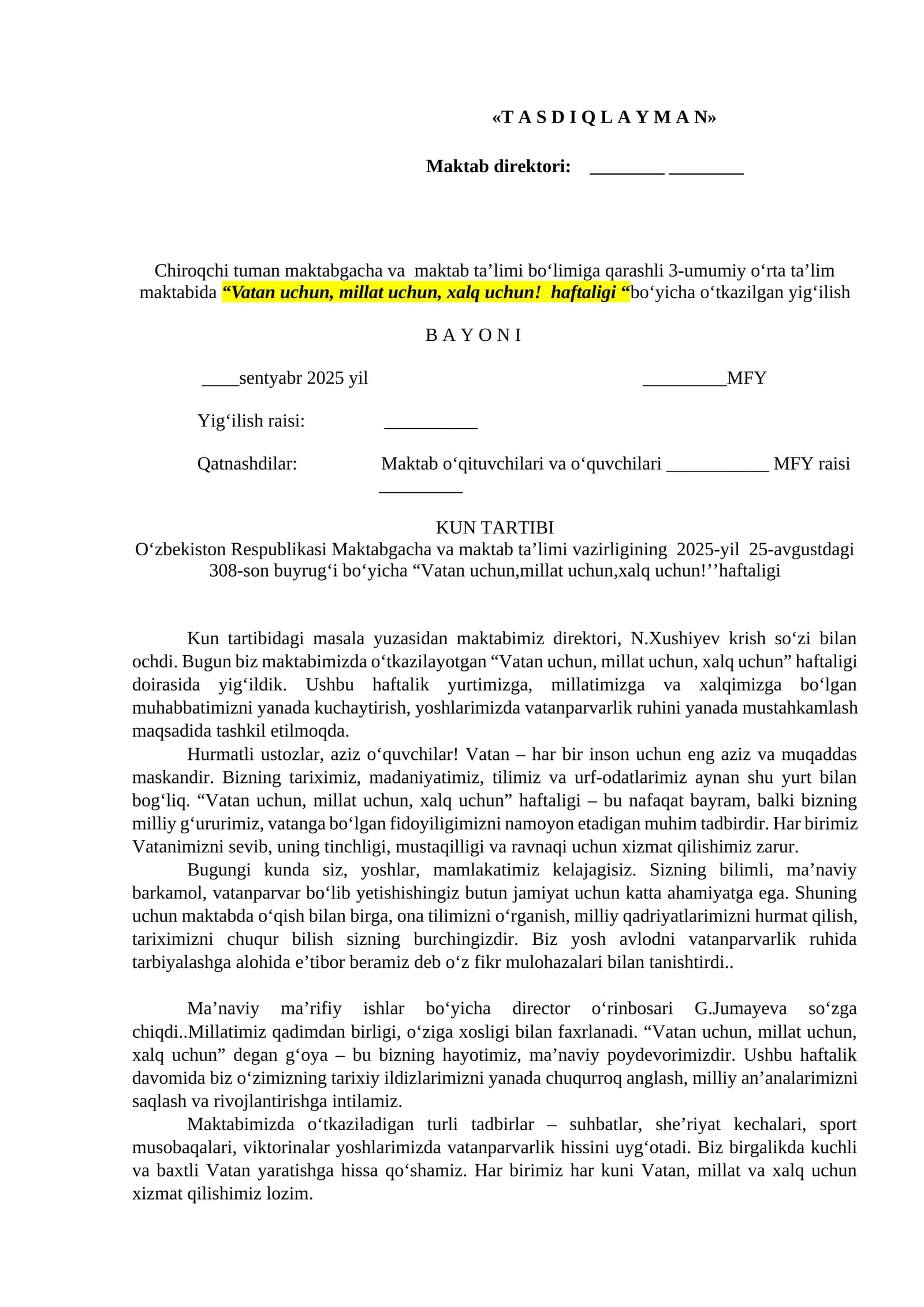 Vatan uchun, millat uchun, xalq uchun!  haftaligi