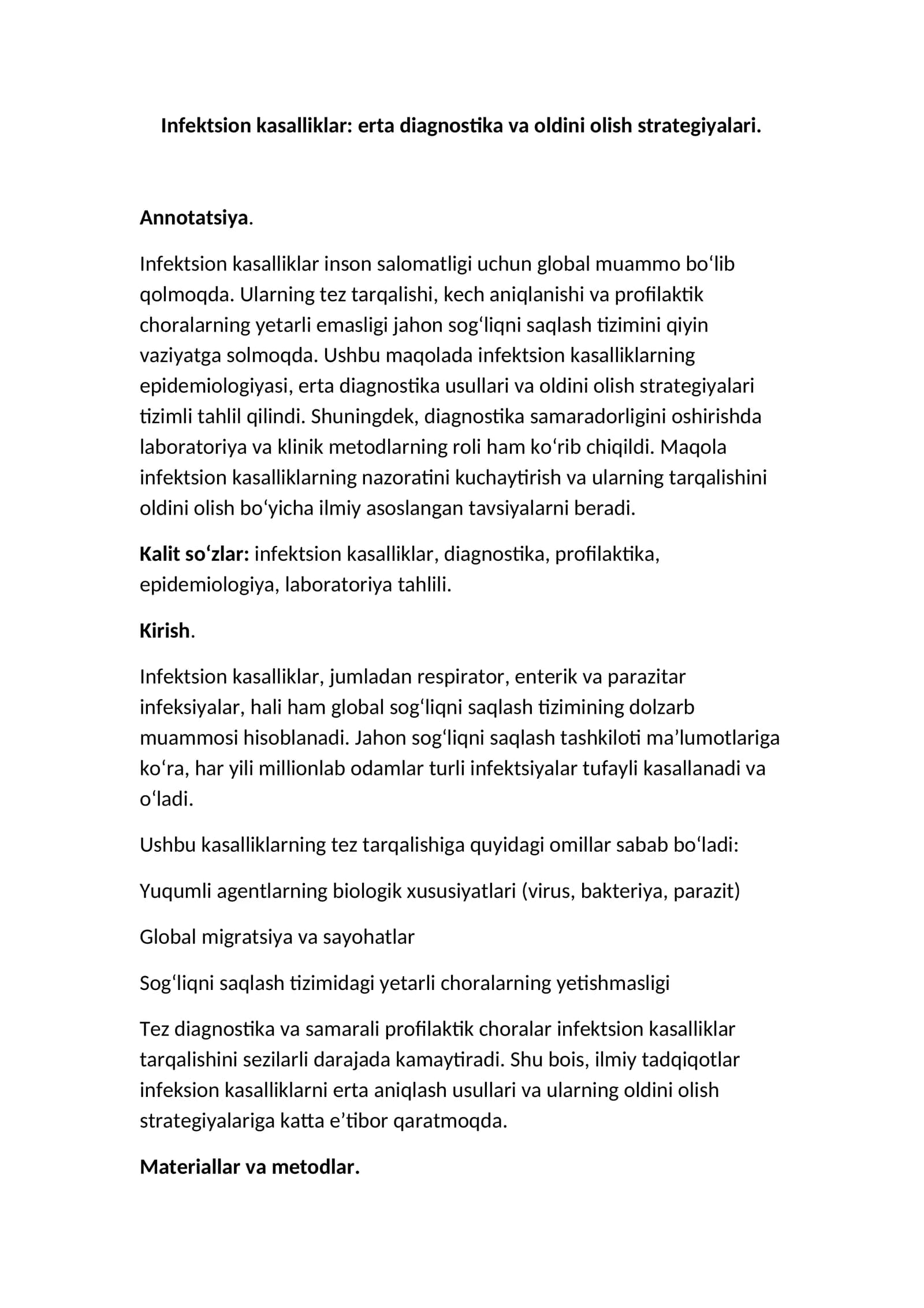 Infektsion kasalliklar: erta diagnostika va oldini olish strategiyalari