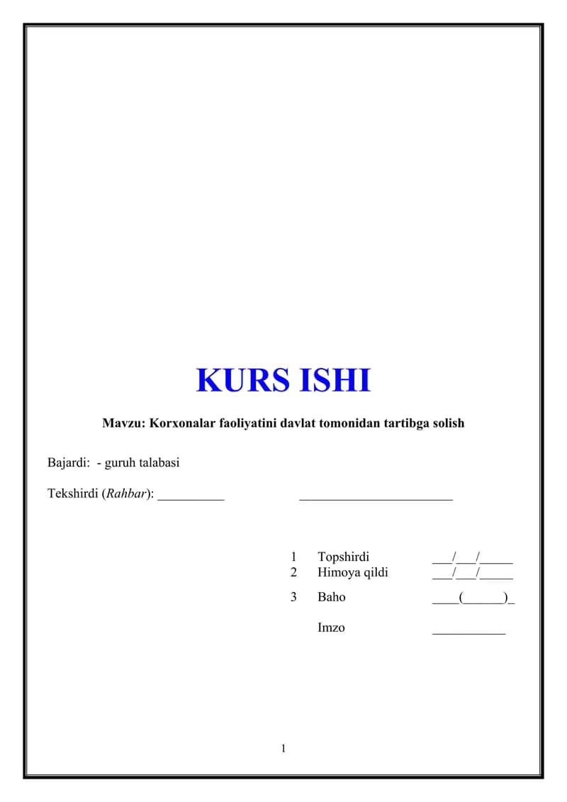 Korxonalar faoliyatini davlat tomonidan tartibga solish kurs ishi