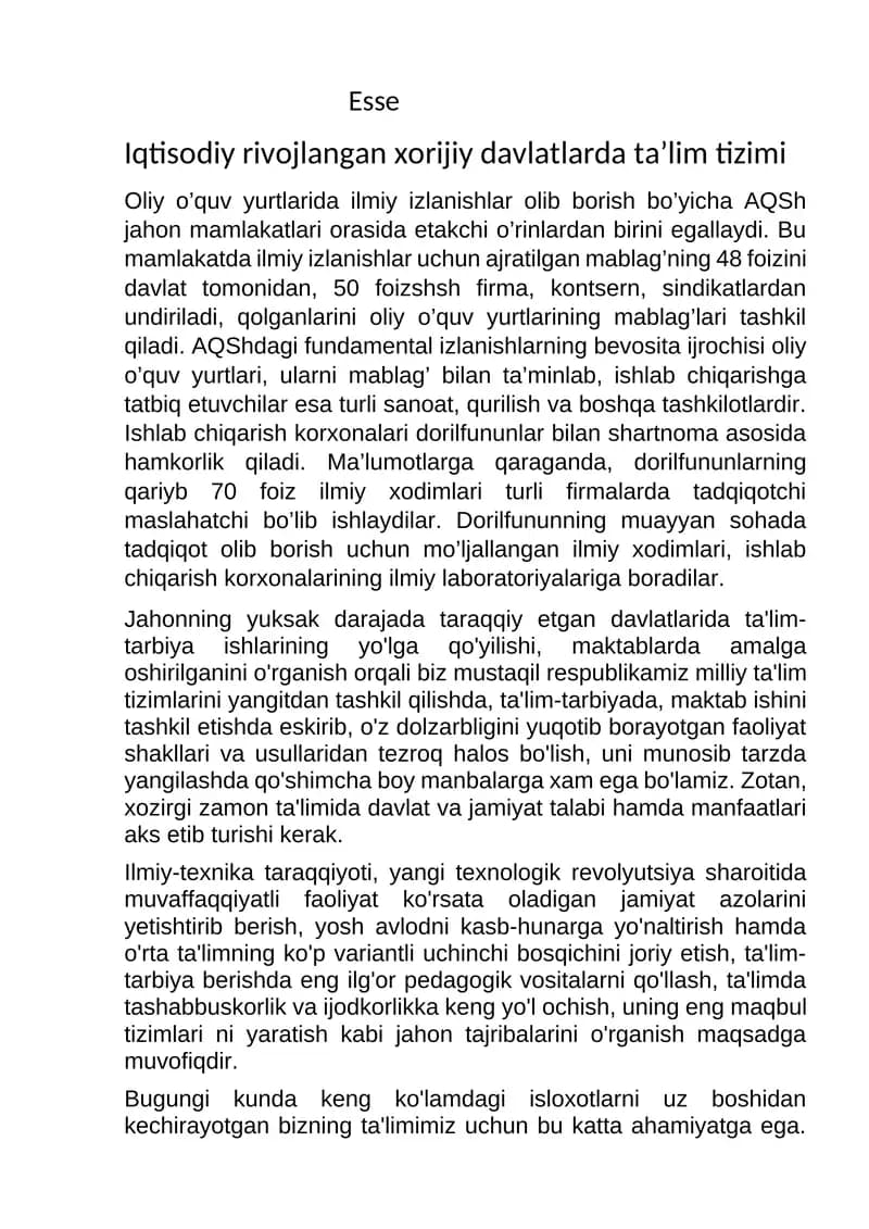 iqtisodiy rivojlangan xorijiy davlatlar talim tizimi