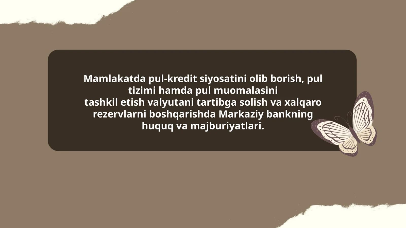 Mamlakatda pul-kredit siyosatini olib borish, pul muomalasini tashkil etish valyutani tartibga solish va Markaziy bankning huquq va majburiyatlari haqida ma'lumotlar