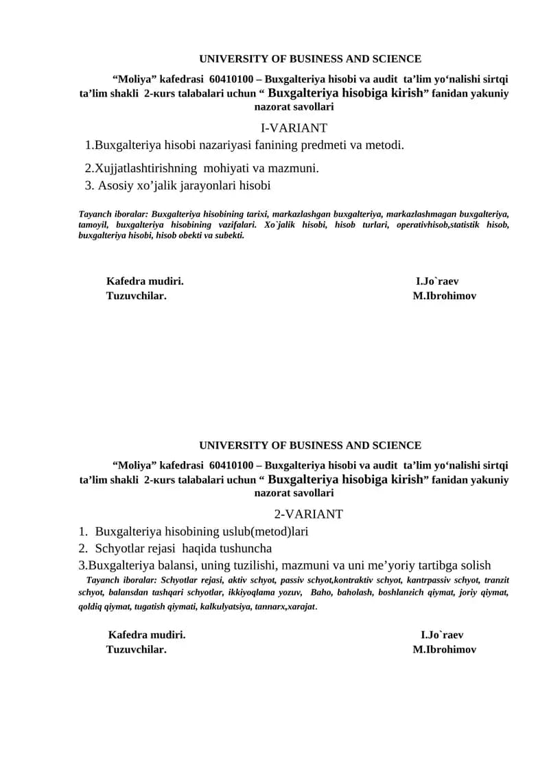 Buxgalteriya hisobiga kirish test savollari