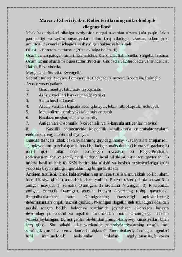 Esherixiyalar. Kolienteritlarning mikrobiologik diagnostikasi