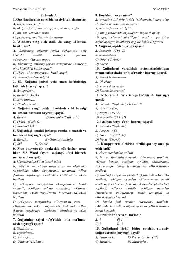 YaN uchun test savollari № TAT0001