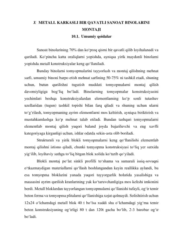 Metall karkasli bir qavatli sanoat binolarini montaji