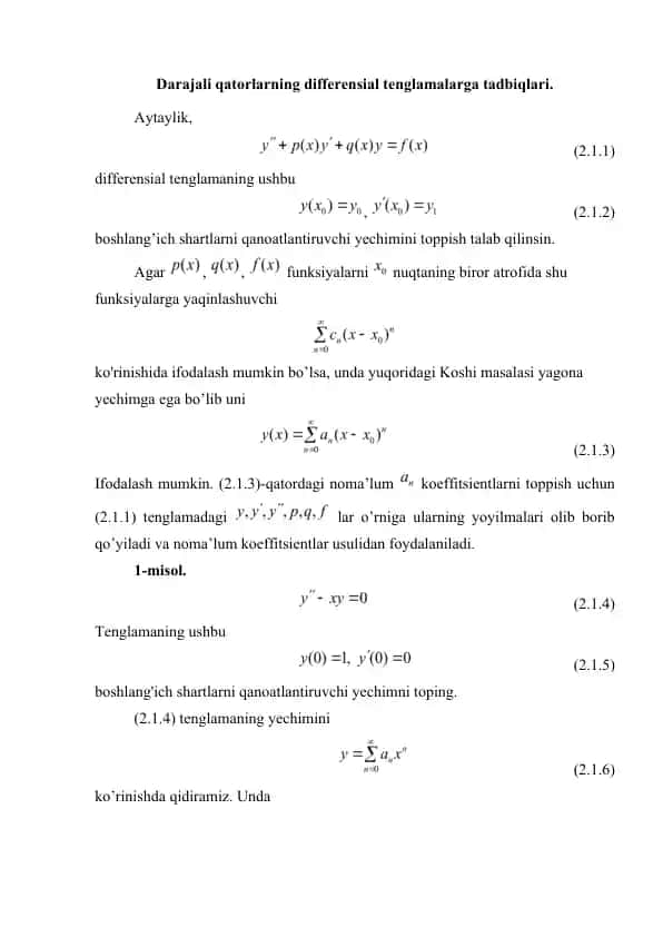Darajali qatorlarning differensial tenglamalarga tadbiqlari.