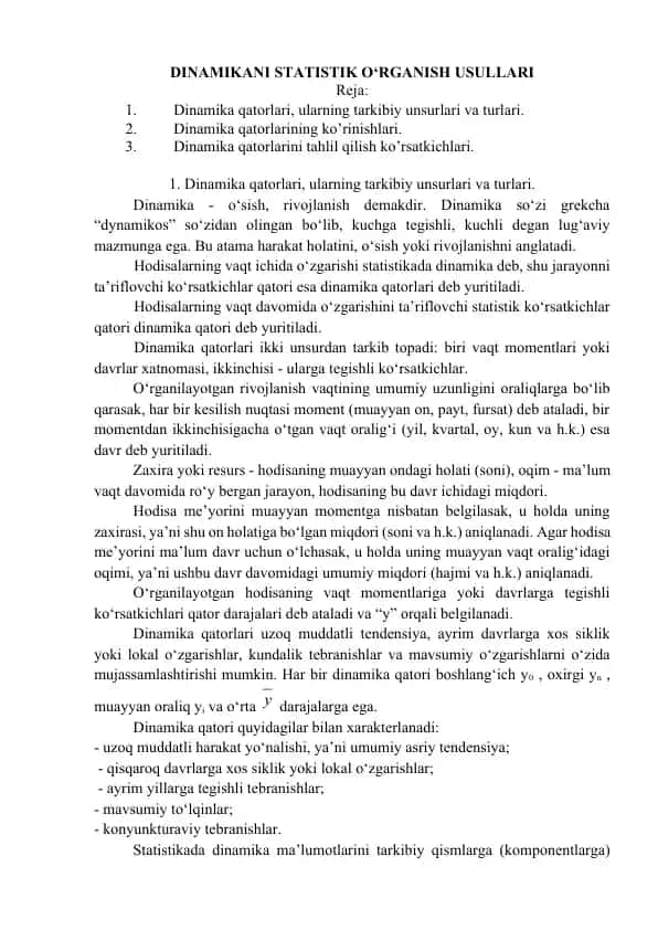 DINAMIKANI STATISTIK O‘RGANISH USULLARI