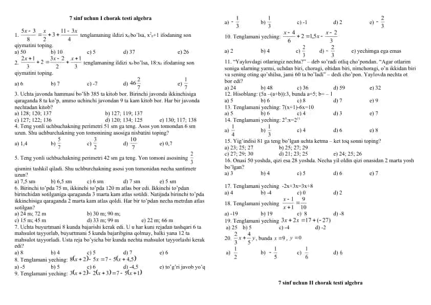 7 sinf uchun I chorak testi algebra