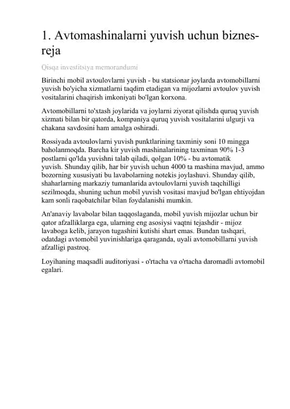 Avtomashinalarni yuvish uchun biznes-reja