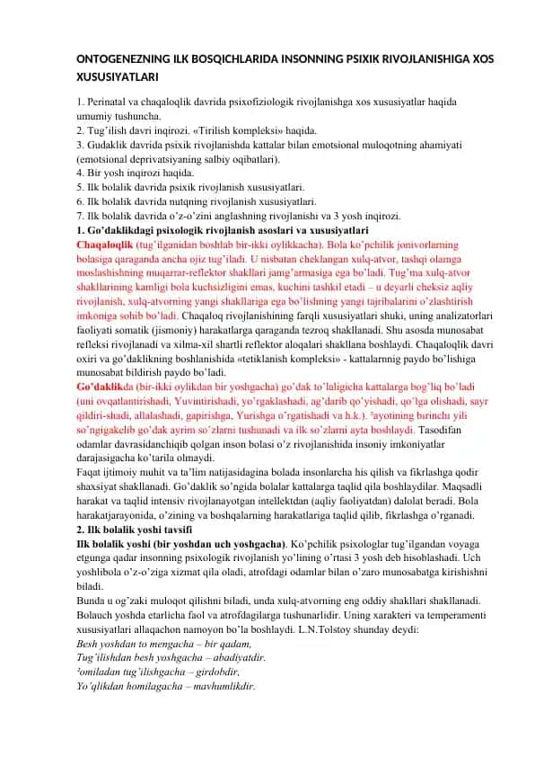 ONTOGENEZNING ILK BOSQICHLARIDA INSONNING PSIXIK RIVOJLANISHIGA XOS XUSUSIYATLARI