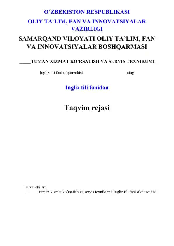 Texnikum kollej ingliz tili yillik ishchi dastur