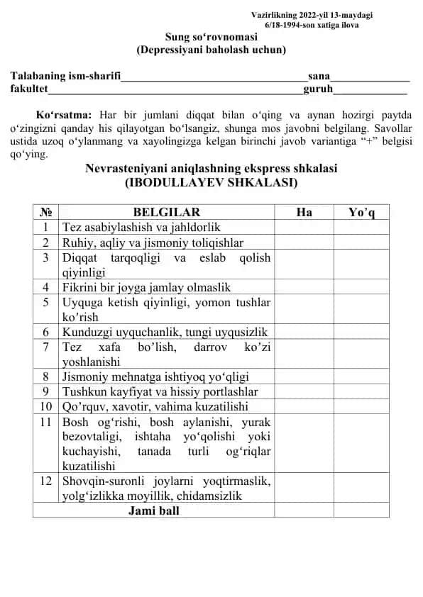 Nevrasteniya baholovchi sung soʻrovnomasi