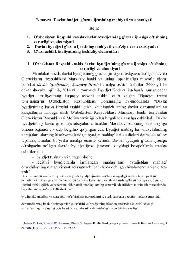 Davlat budjeti g’azna ijrosining mohiyati va ahamiyati