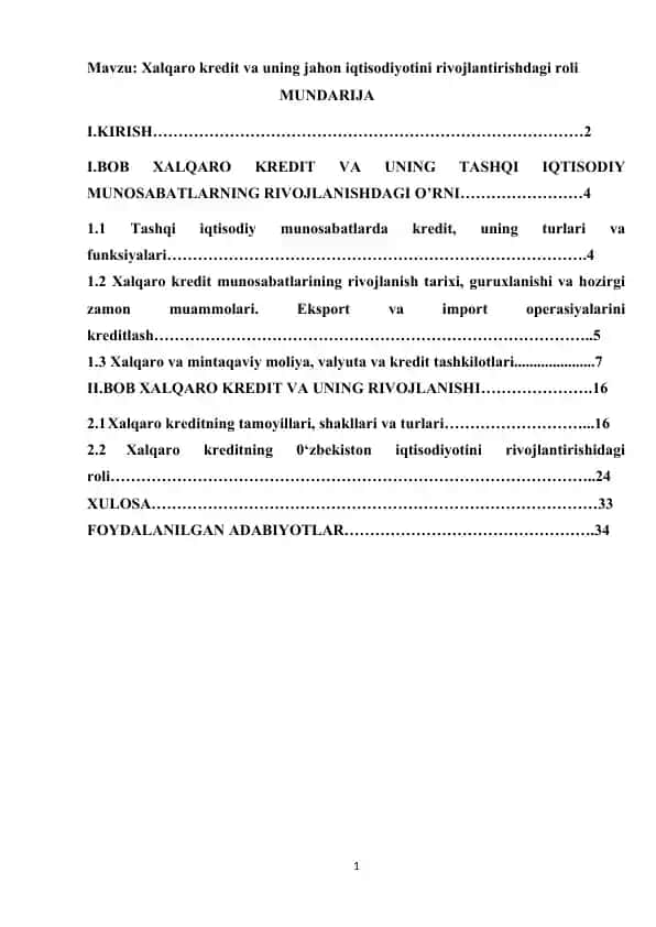 Xalqaro kredit va uning jahon iqtisodiyotini rivojlantirishdagi roli
